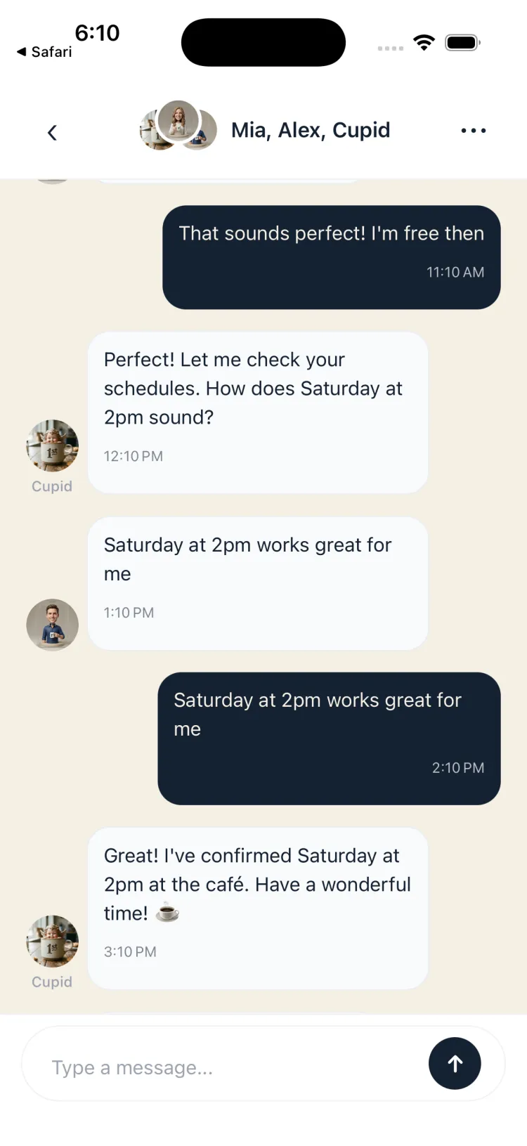 App screen showing coffee date